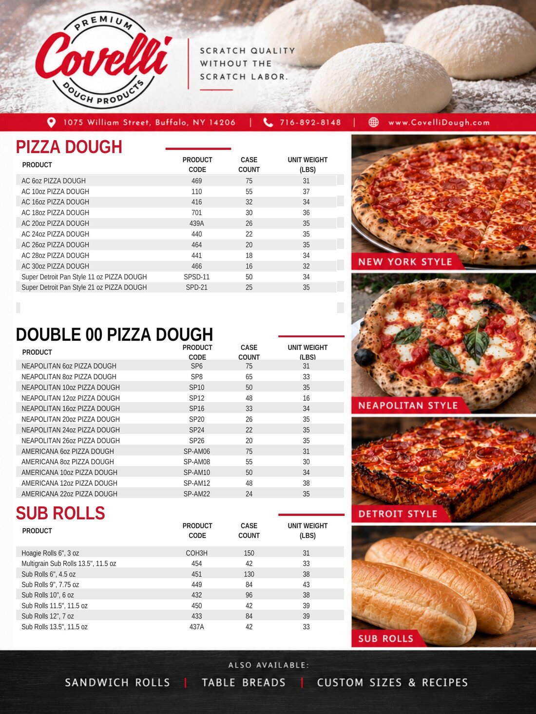 Covelli spec sheet: product codes, case counts and unit weights for pizza dough, Double 00 Neapolitan and Americana dough, and sub rolls