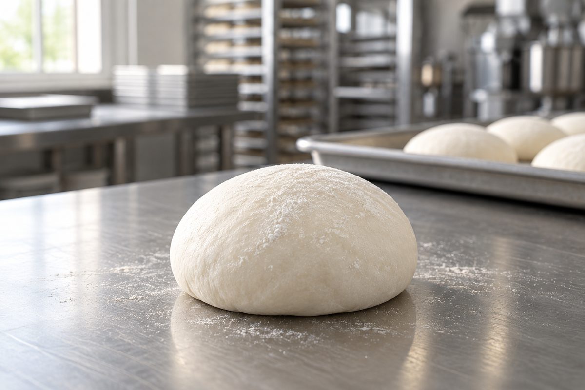 A single raw pizza dough ball resting on a stainless bench, lightly dusted with flour