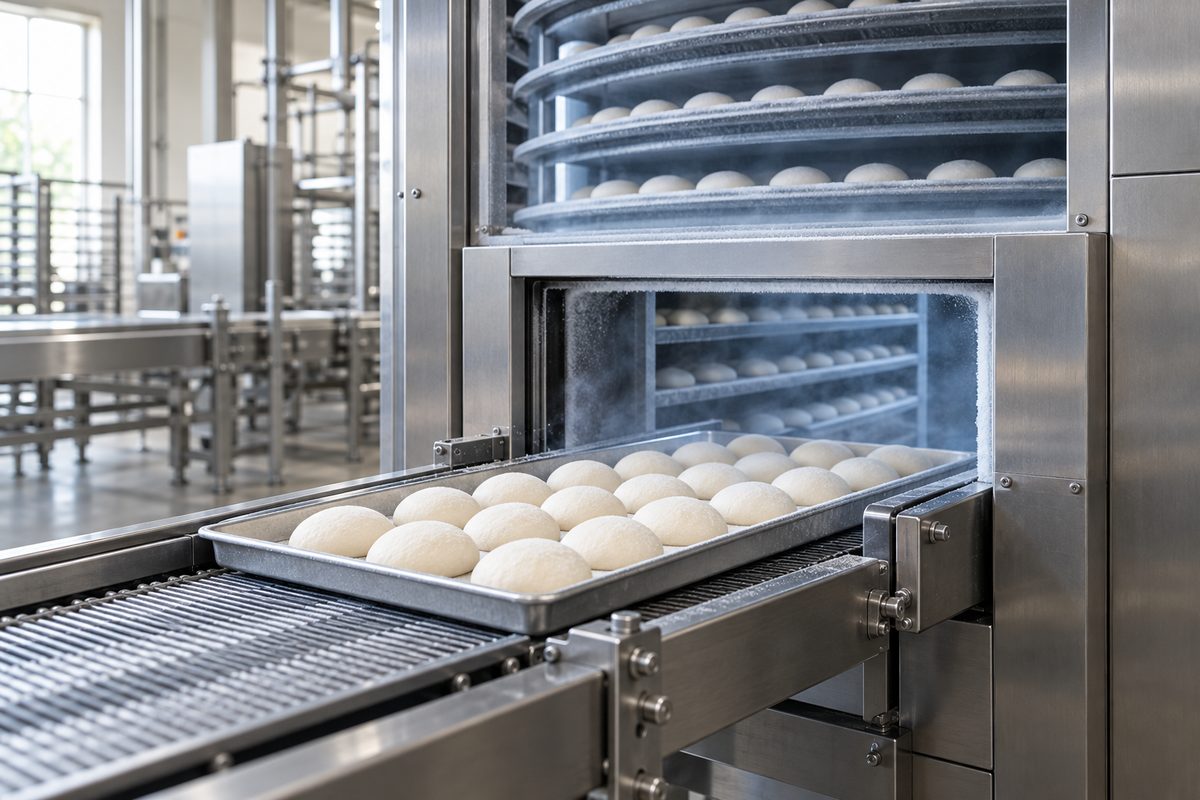 Trays of dough balls entering the frozen line, frost on the stainless rails