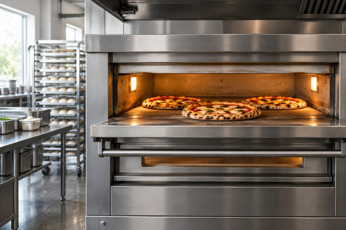 Three pizzas baking on the deck of a stainless commercial oven