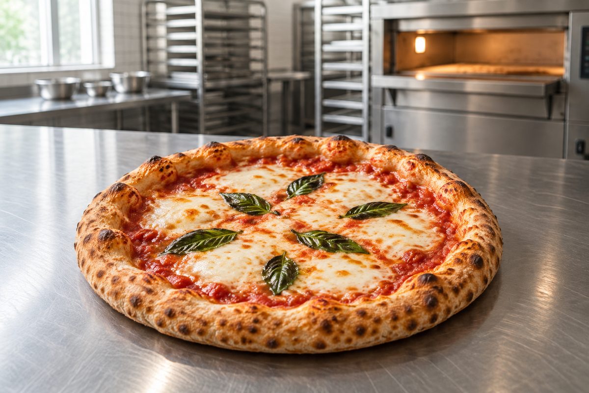 A finished margherita pizza with a blistered crust, fresh off the peel
