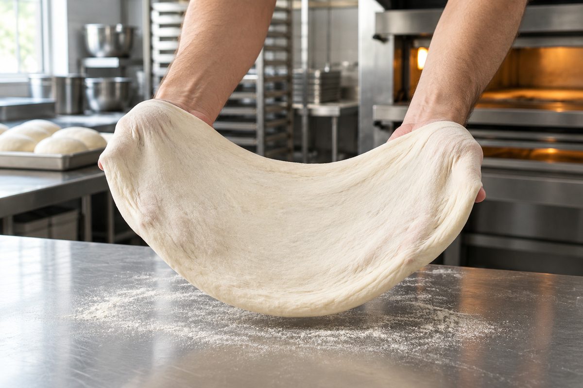 Hands stretching a round of pizza dough over a floured stainless bench