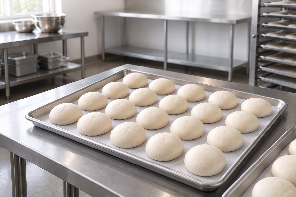 A full stainless tray of uniform raw dough balls in even rows
