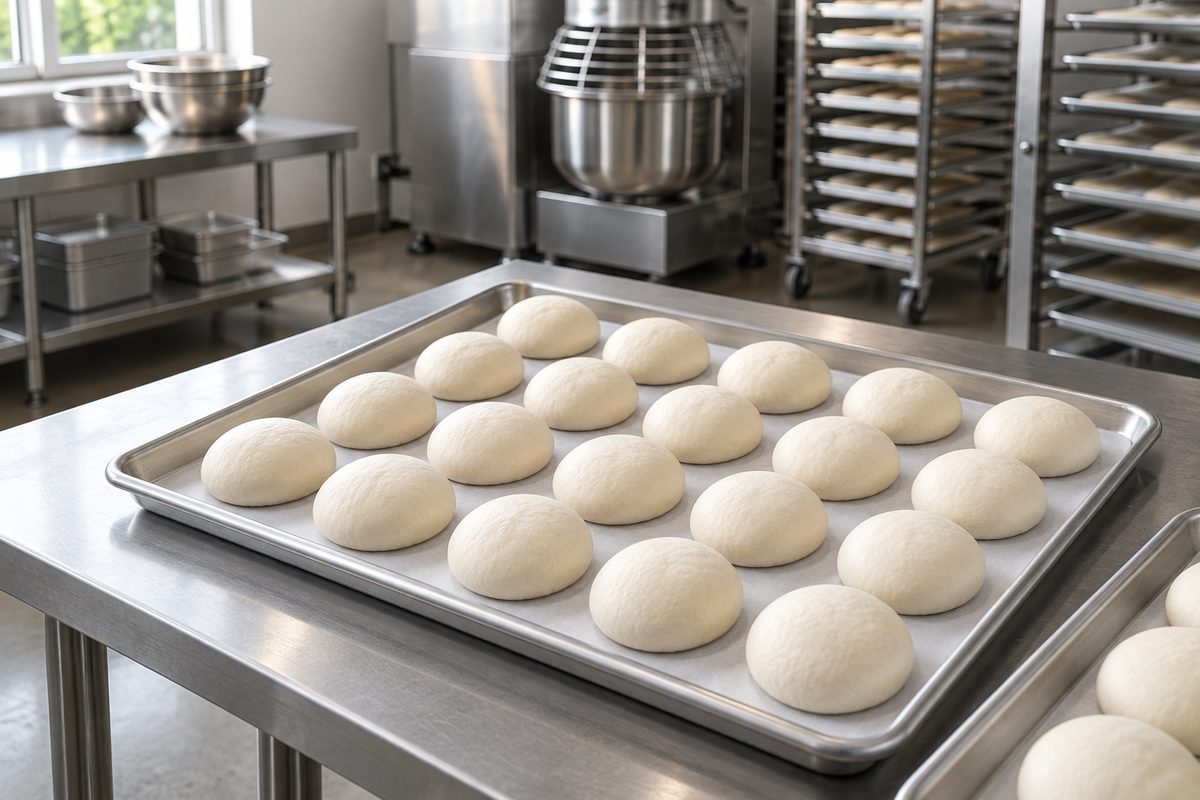 A full stainless tray of uniform raw dough balls in even rows