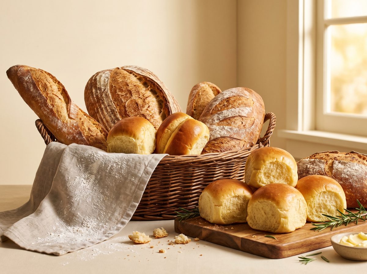 Assortment of fresh table breads and rolls in a basket