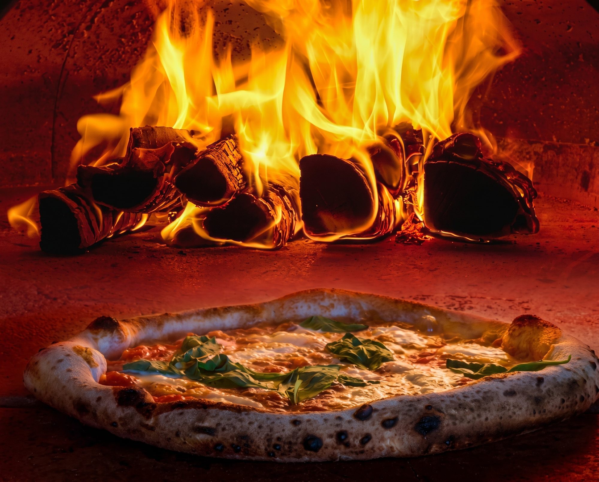 A Neapolitan-style pizza with basil in front of burning logs in a wood-fired oven