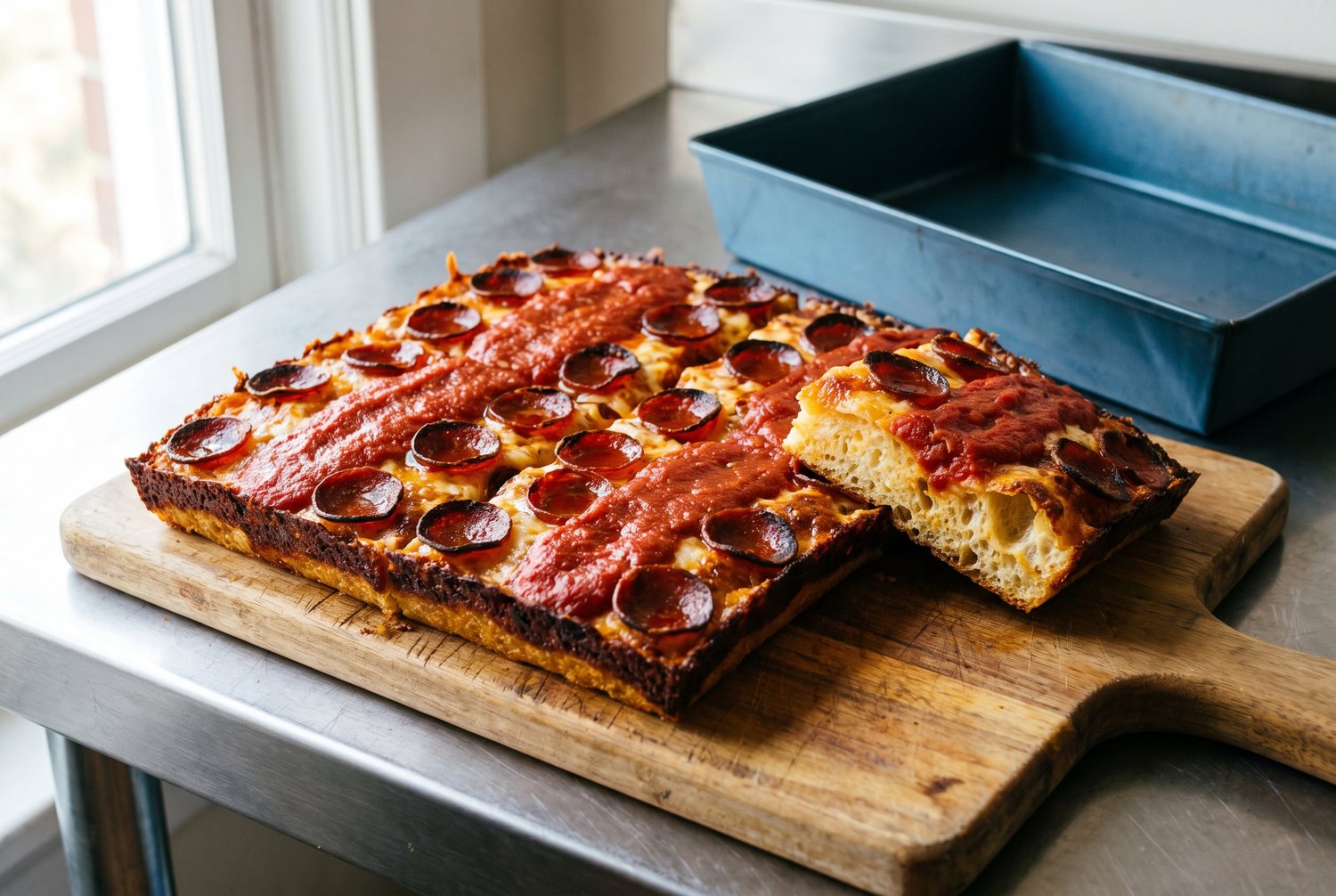 A baked Detroit-style pepperoni pizza with crisp caramelized cheese edges, one square lifted to show the airy crumb