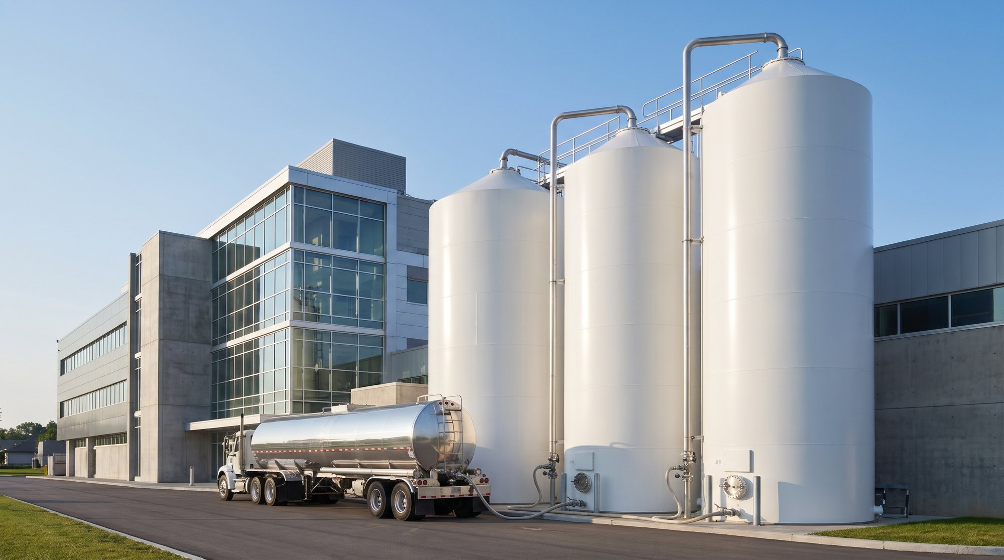 Bulk flour silos and a flour tanker outside a food manufacturing plant