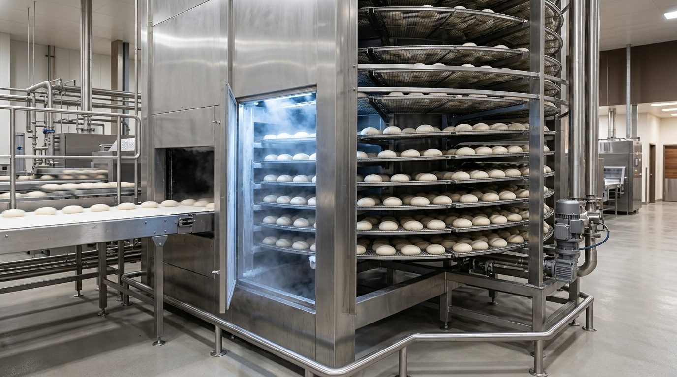 Pizza dough balls on stainless trays entering the freezing tunnel