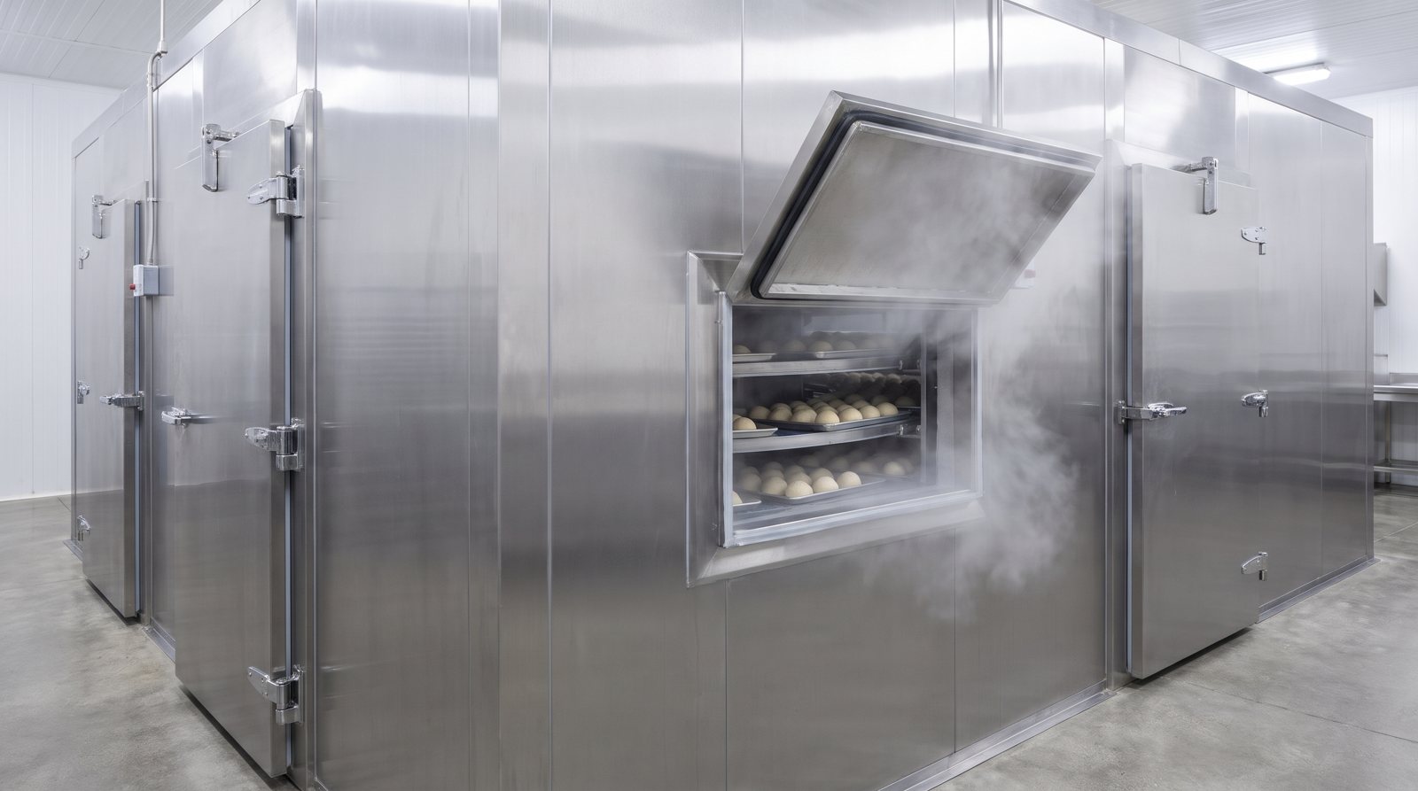 Cold vapor at the open door of a stainless freezing tunnel, frozen dough balls on the trays inside