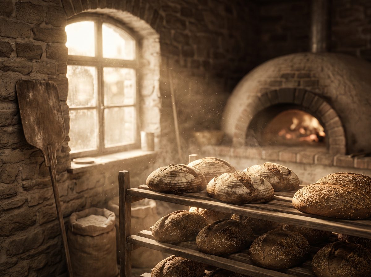 Old world rye loaves cooling on wooden racks in a heritage bakery