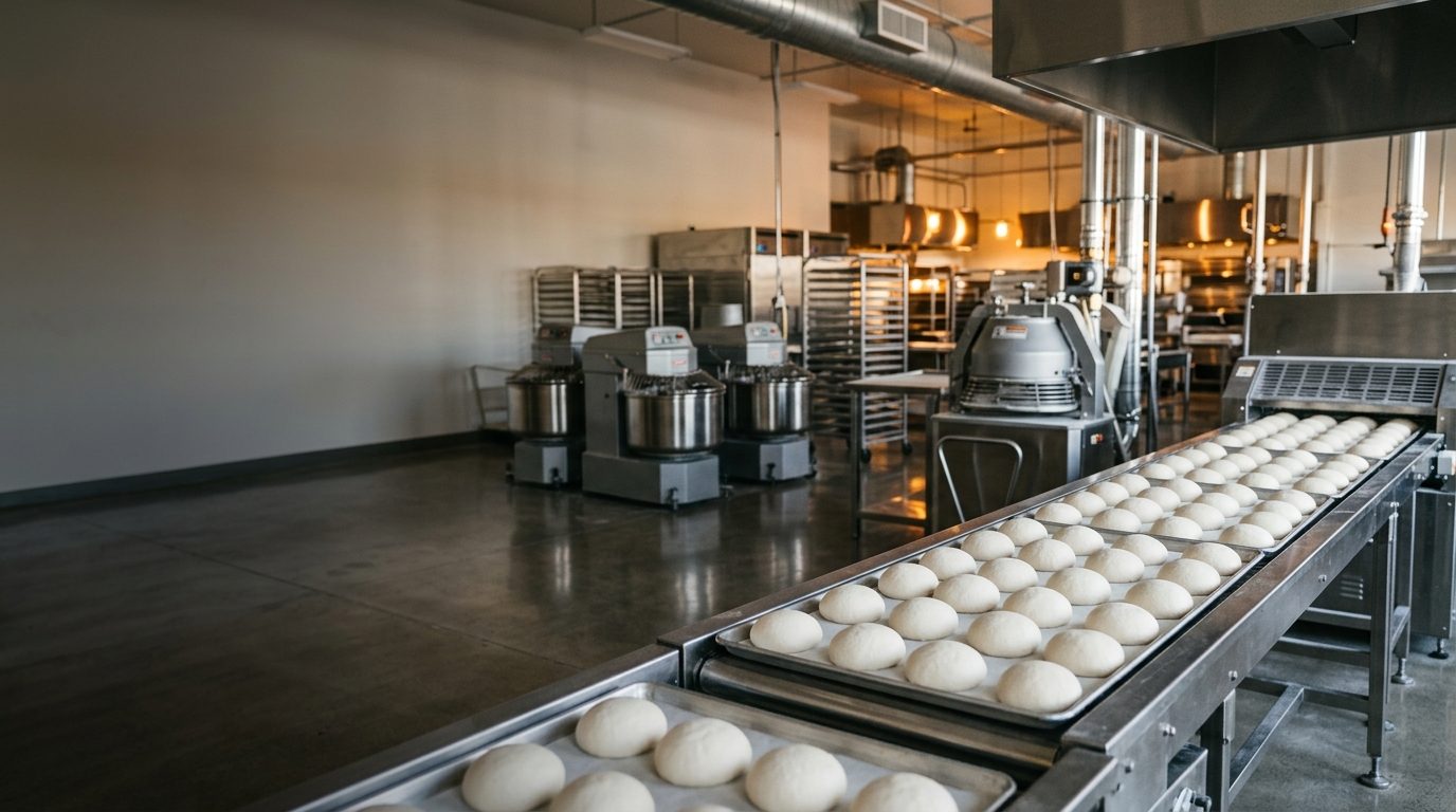 Rows of uniform pizza dough balls on stainless trays moving down the production line