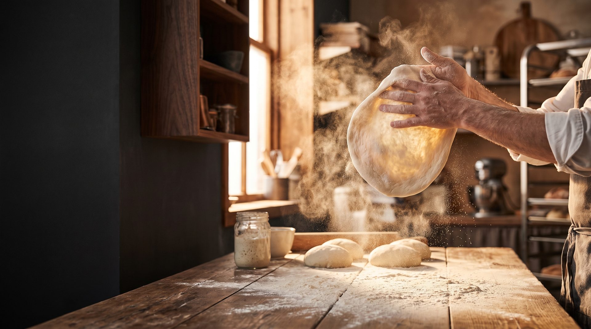 Baker stretching fresh pizza dough in a flour-dusted Buffalo bakery