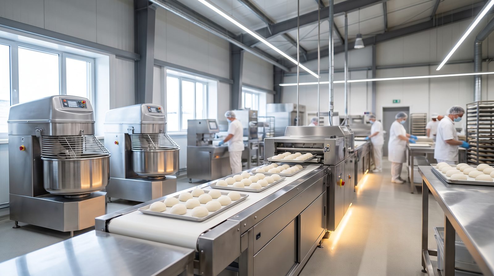 Modern commercial dough production line with uniform dough balls on trays