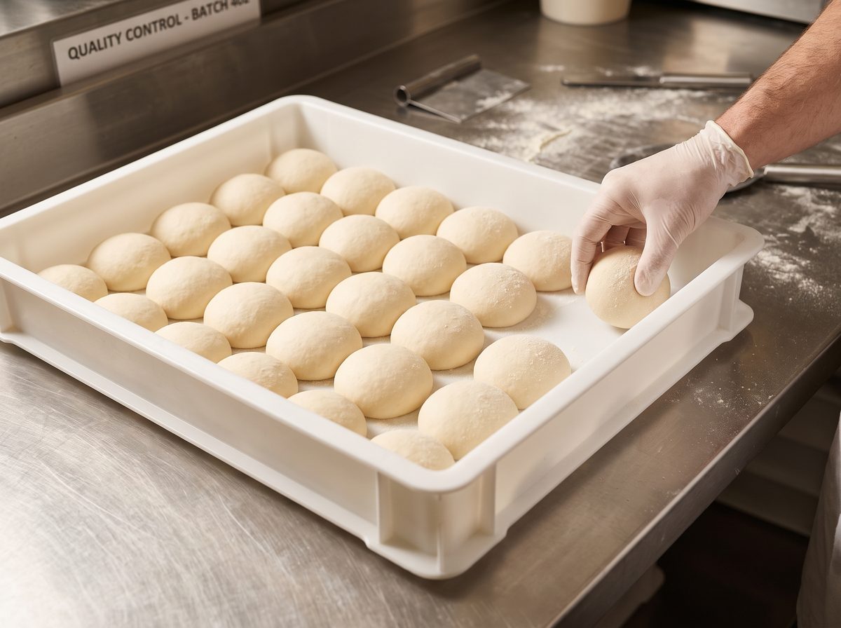 Uniform rows of pizza dough balls in a commercial tray