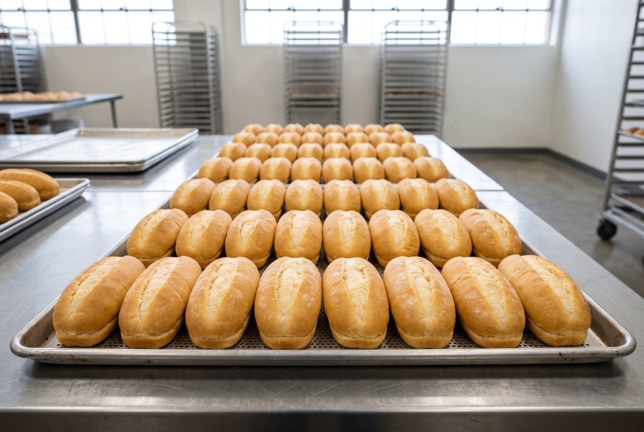 Trays of uniform sub rolls fresh out of the oven in the Covelli bakery