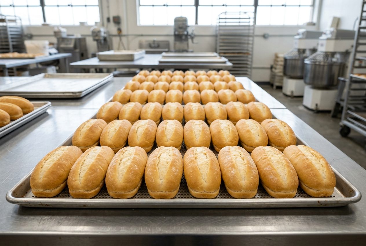 Trays of uniform sub rolls fresh out of the oven in the Covelli bakery