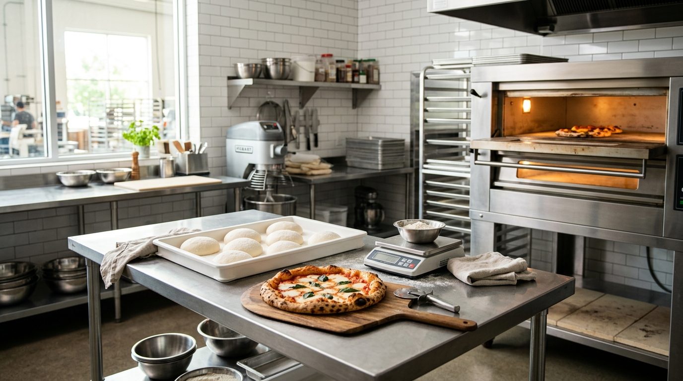 Baked pizza on a peel beside a tray of dough balls in the Covelli test kitchen