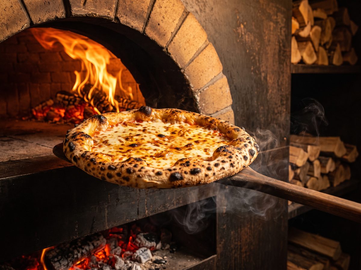 Wood-fired pizza with charred crust coming out of a brick oven